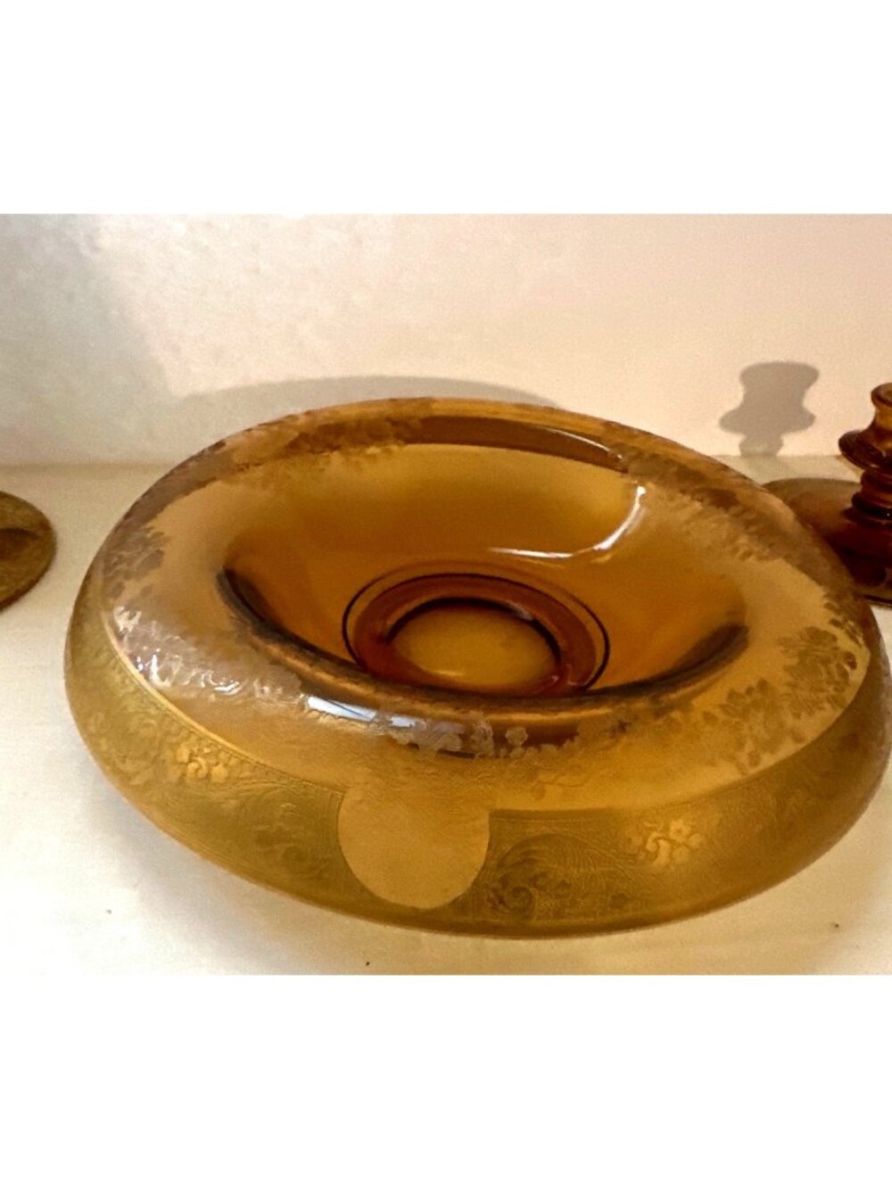 Amber Color Glass Console Bowl Candle Holders Etched Mid Century - Picture 5 of 12